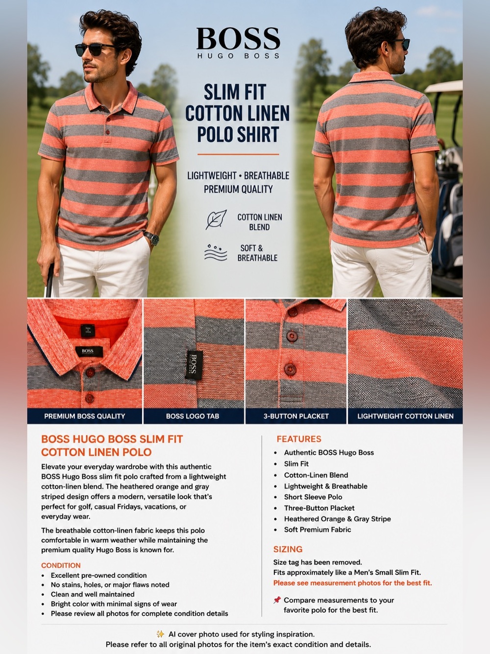 Boss Heathered Orange & Gray Slim Fit Cotton-Linen Polo